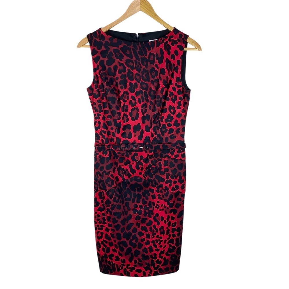 Cache Leopard Sheath Sleeveless Dress Belted Women’s Size 2 Black Red - Picture 3 of 10